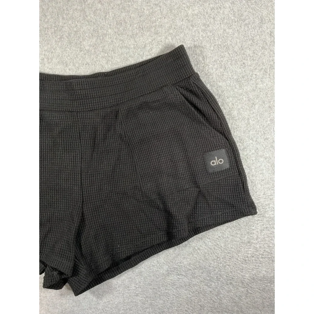 Alo Yoga Weekend Escape Waffle Knit High Waist Shorts Black Large 1602